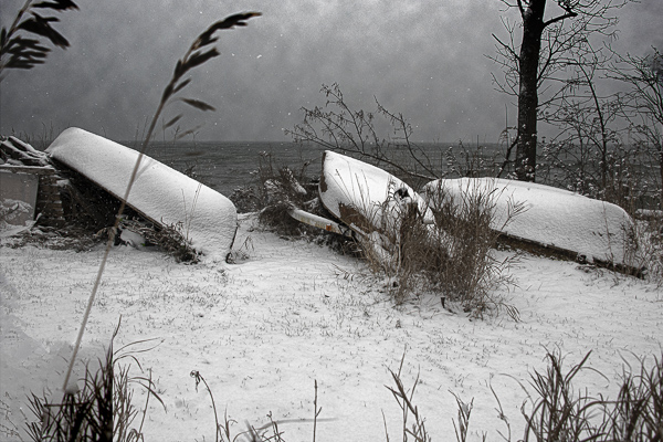 Early Snowfall. A black and white photograph shows a light dusting of early snow on canoes, creating a serene winter scene.